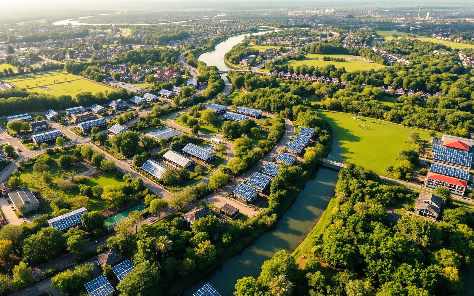 Sustainable green city with solar panels and parks